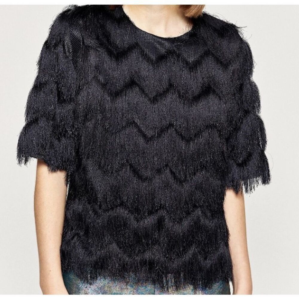 Rebecca Minkoff black fringe Chevron pattern top - size xs